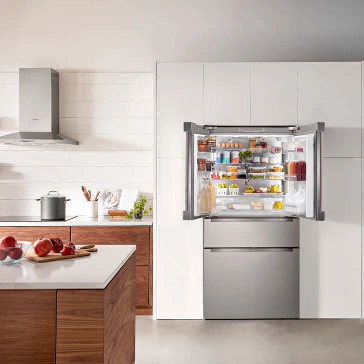 Bosch 800 Series 36 in. 21.0 cu ft. Stainless Steel Counter-Depth French Door Refrigerator with dual compressors and evaporators