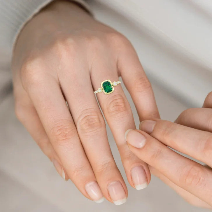 Cushion Cut Lab Created Emerald and Diamond Ring (0.16 ctw)