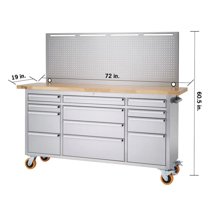 Trinity 72 in. Stainless-steel Rolling Workbench with Pegboard