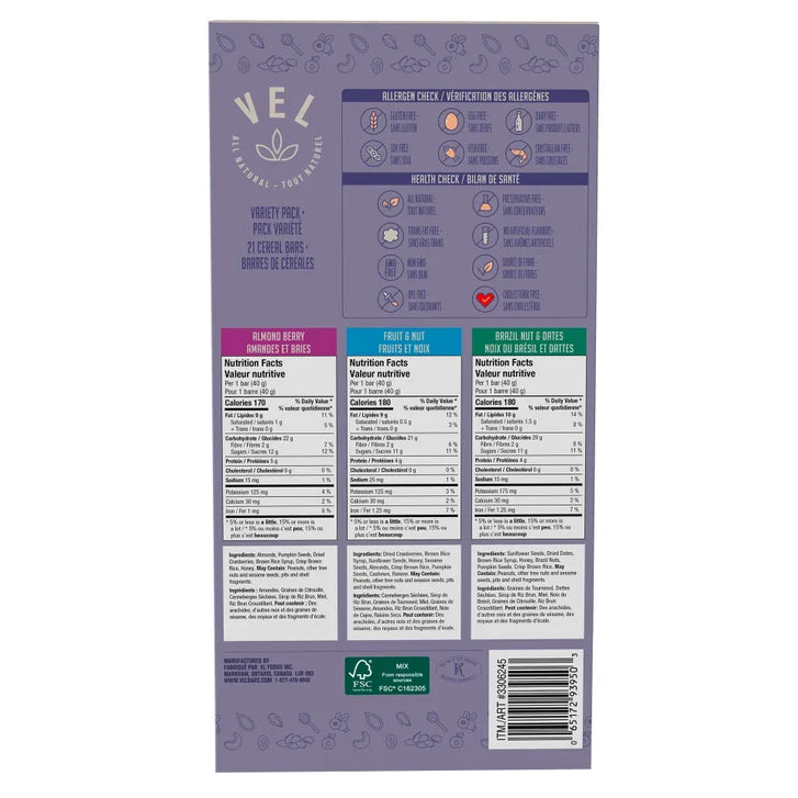 Vel Cereal Bars, Variety Pack, 21 × 40 g