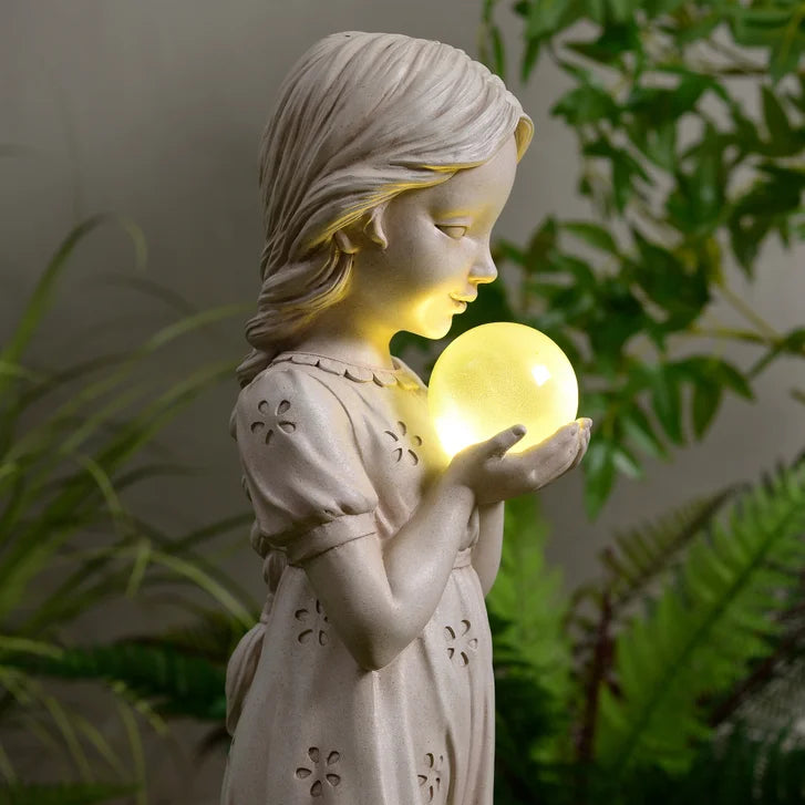 Girl Holding Bubble Lighted Garden Statue Solar Powered LEDs