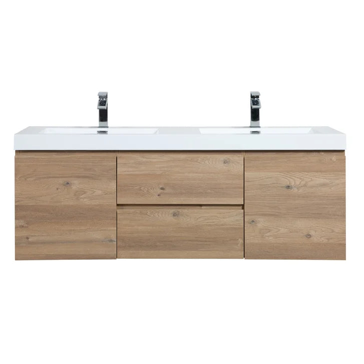SERA CAPRI Textured Oak Finish Wall-Hung Vanity with Glossy White Polymarble Countertop