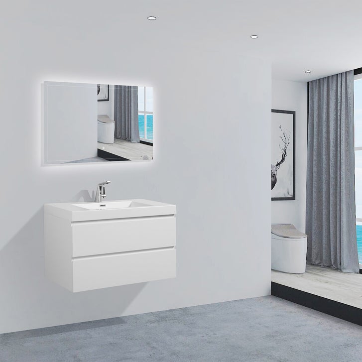 SERA CAPRI Glossy White Wall-Hung Vanity with Glossy White Polymarble Countertop