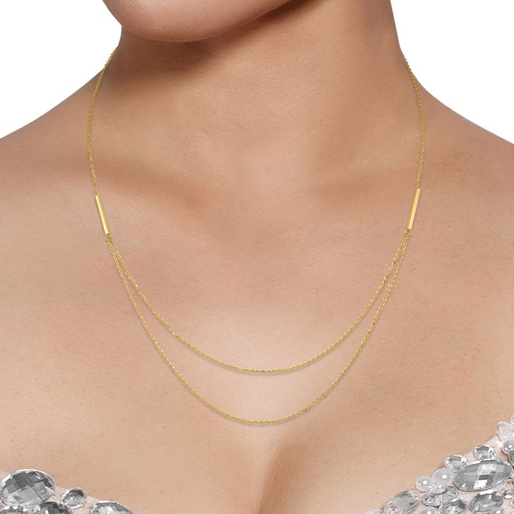 High Polish Station Bar 2 Layer Necklace in Yellow Gold