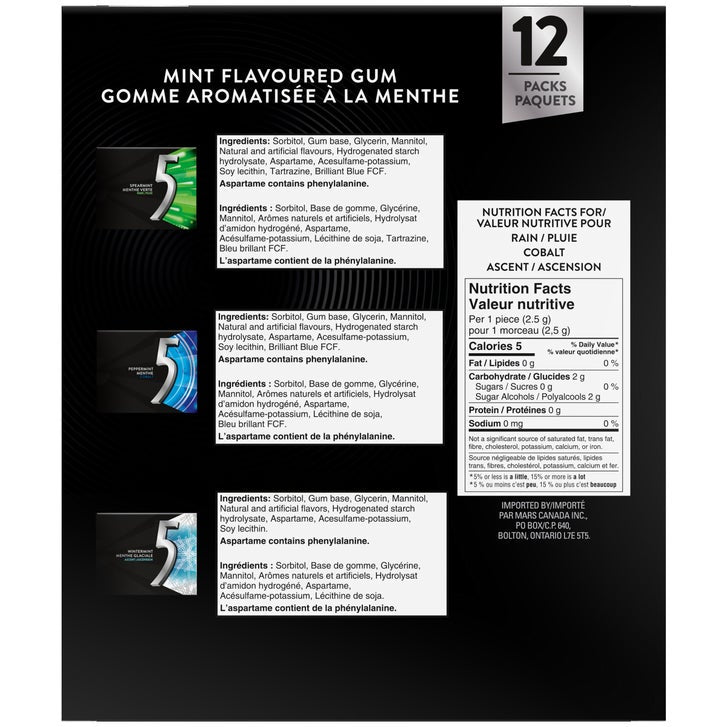 Wrigley's 5 Mint Gum, Variety Pack, 12 × 15 sticks