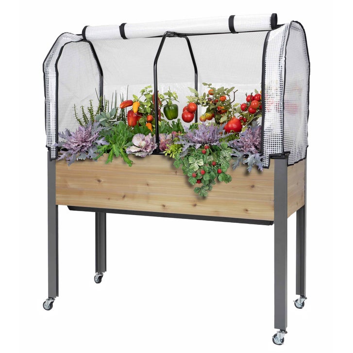 Self-Watering Elevated Cedar Planter With Greenhouse and Bug cover