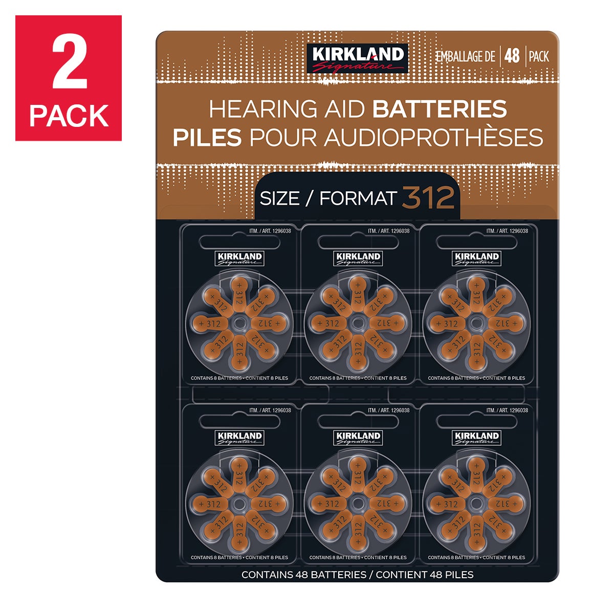 Kirkland Signature Hearing Aid Batteries Mercury Free, Size 312, 2 Packs of 48