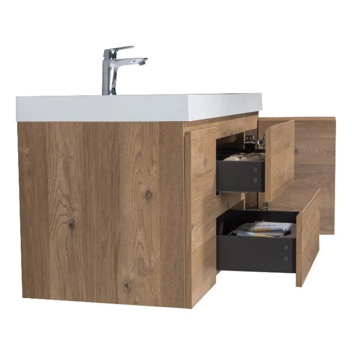 SERA CAPRI Textured Oak Finish Wall-Hung Vanity with Glossy White Polymarble Countertop