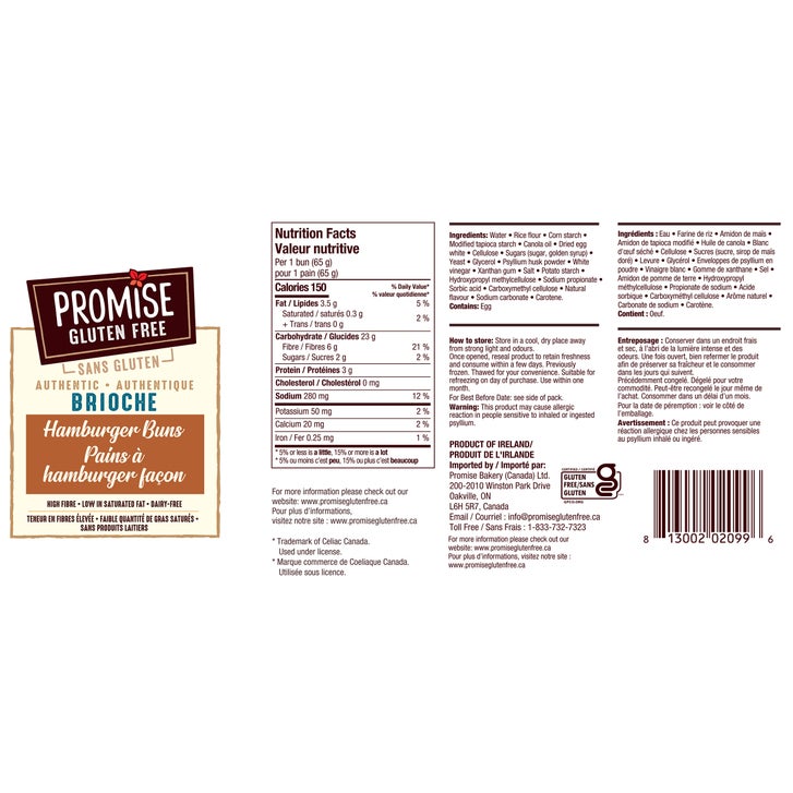 Promise Gluten Free Brioche Burger Buns, 4 × 260 g