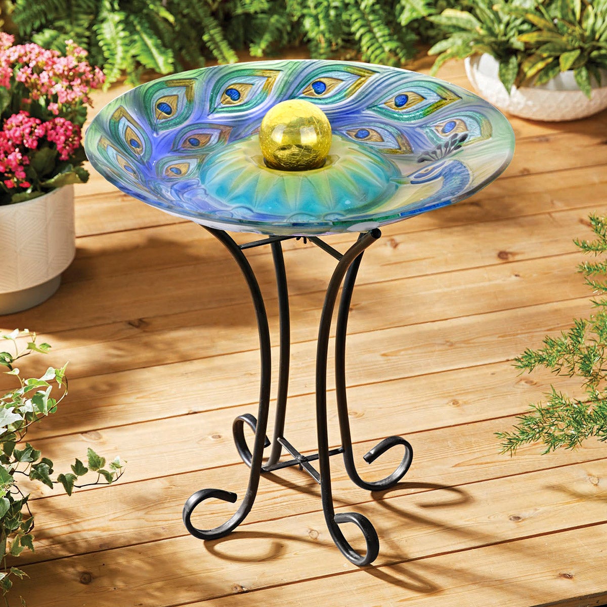 Solar ORB Peacock Glass Bird Bath with Stand
