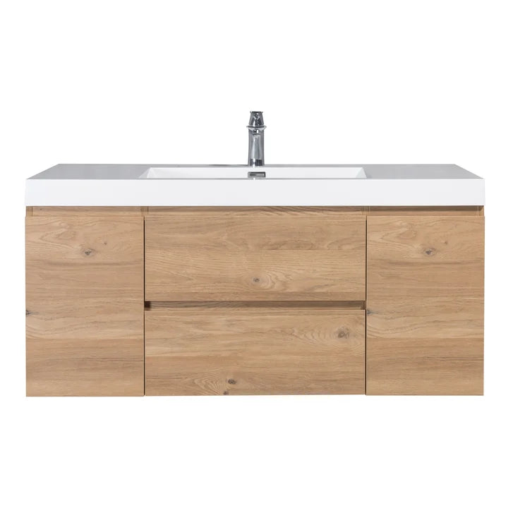 SERA CAPRI Textured Oak Finish Wall-Hung Vanity with Glossy White Polymarble Countertop