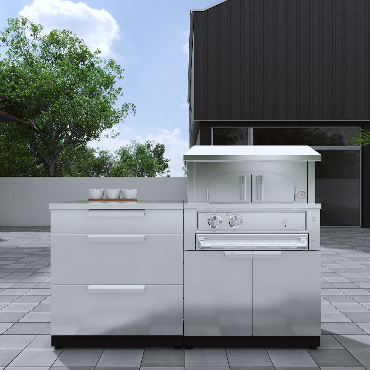 NewAge Products 5-piece Outdoor Stainless Steel Cabinet Set with Built-in Pizza Oven - Liquid Propane
