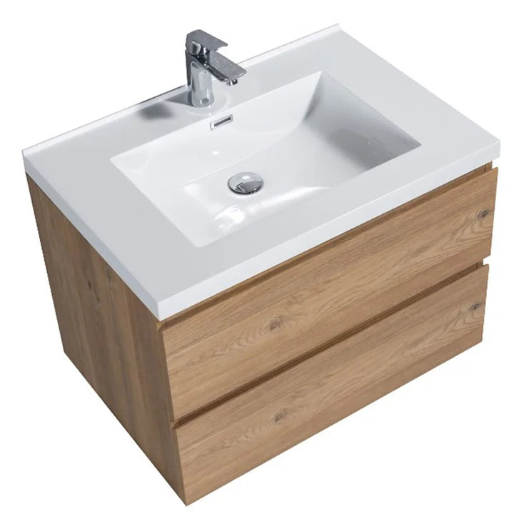 SERA CAPRI Textured Oak Finish Wall-Hung Vanity with Glossy White Polymarble Countertop