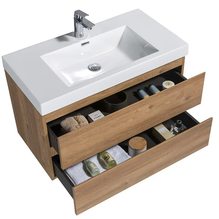 SERA CAPRI Textured Oak Finish Wall-Hung Vanity with Glossy White Polymarble Countertop