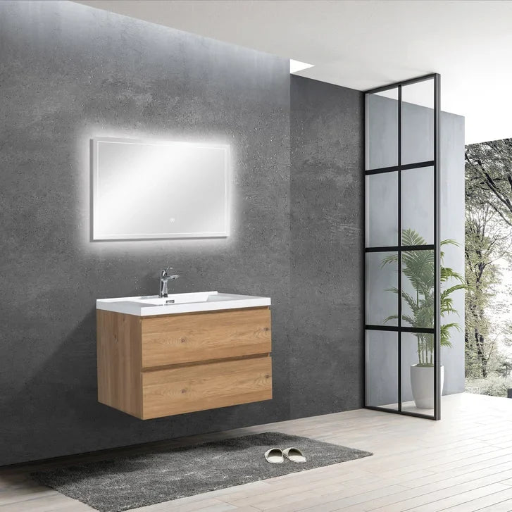 SERA CAPRI Textured Oak Finish Wall-Hung Vanity with Glossy White Polymarble Countertop