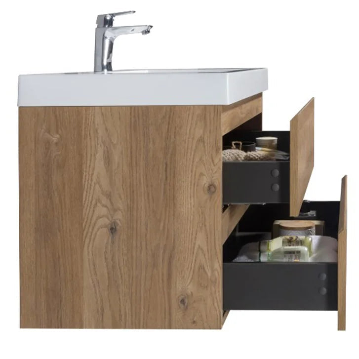 SERA CAPRI Textured Oak Finish Wall-Hung Vanity with Glossy White Polymarble Countertop