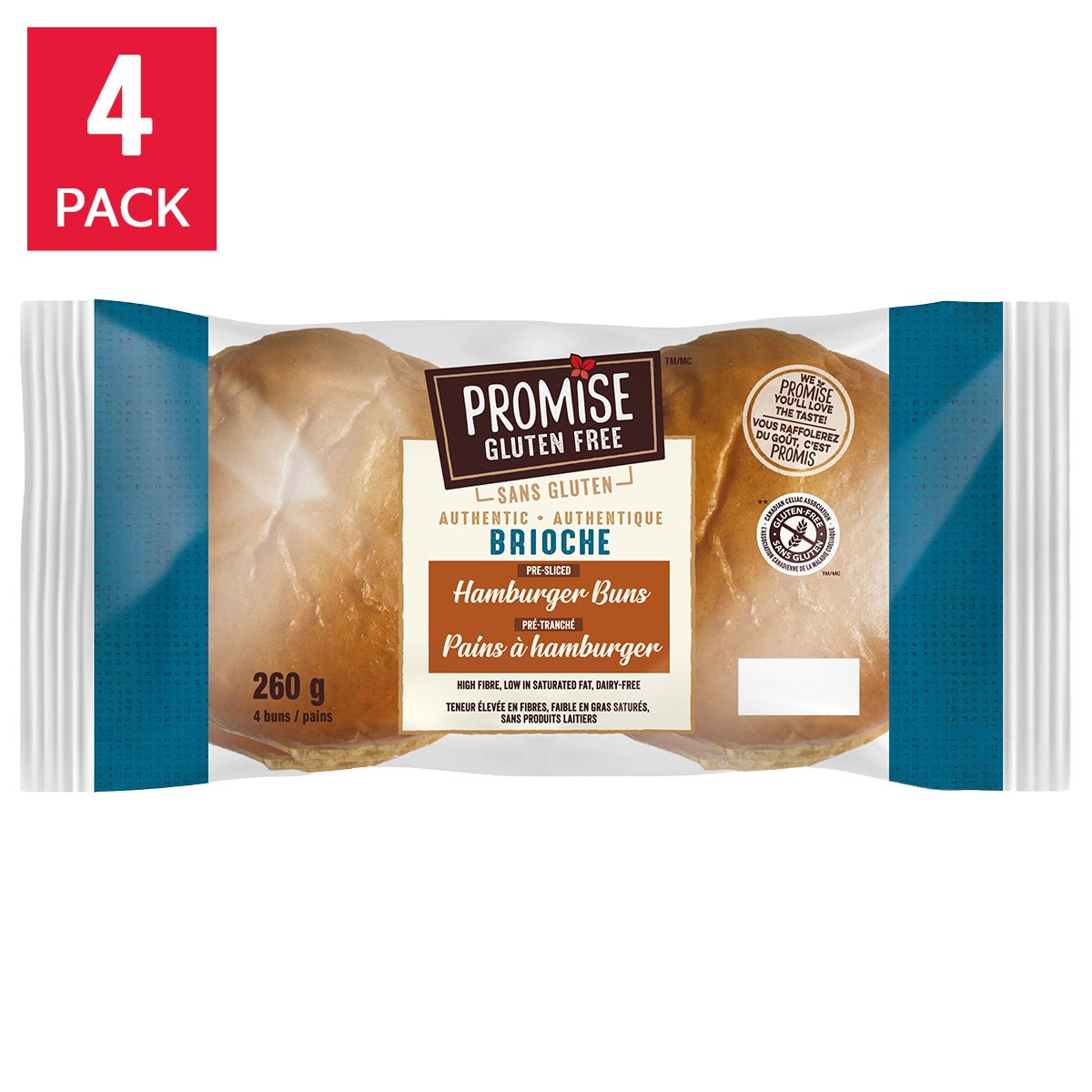 Promise Gluten Free Brioche Burger Buns, 4 × 260 g