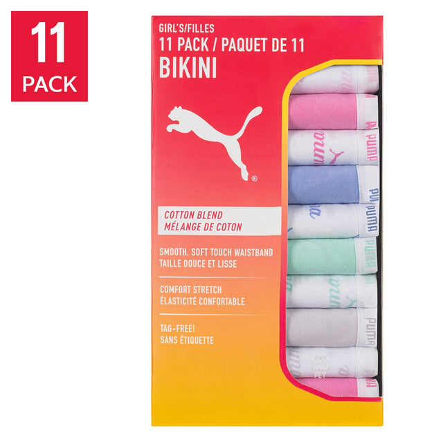 Puma Girls' Cotton Blend Bikini Underwear, 11-Pack V8