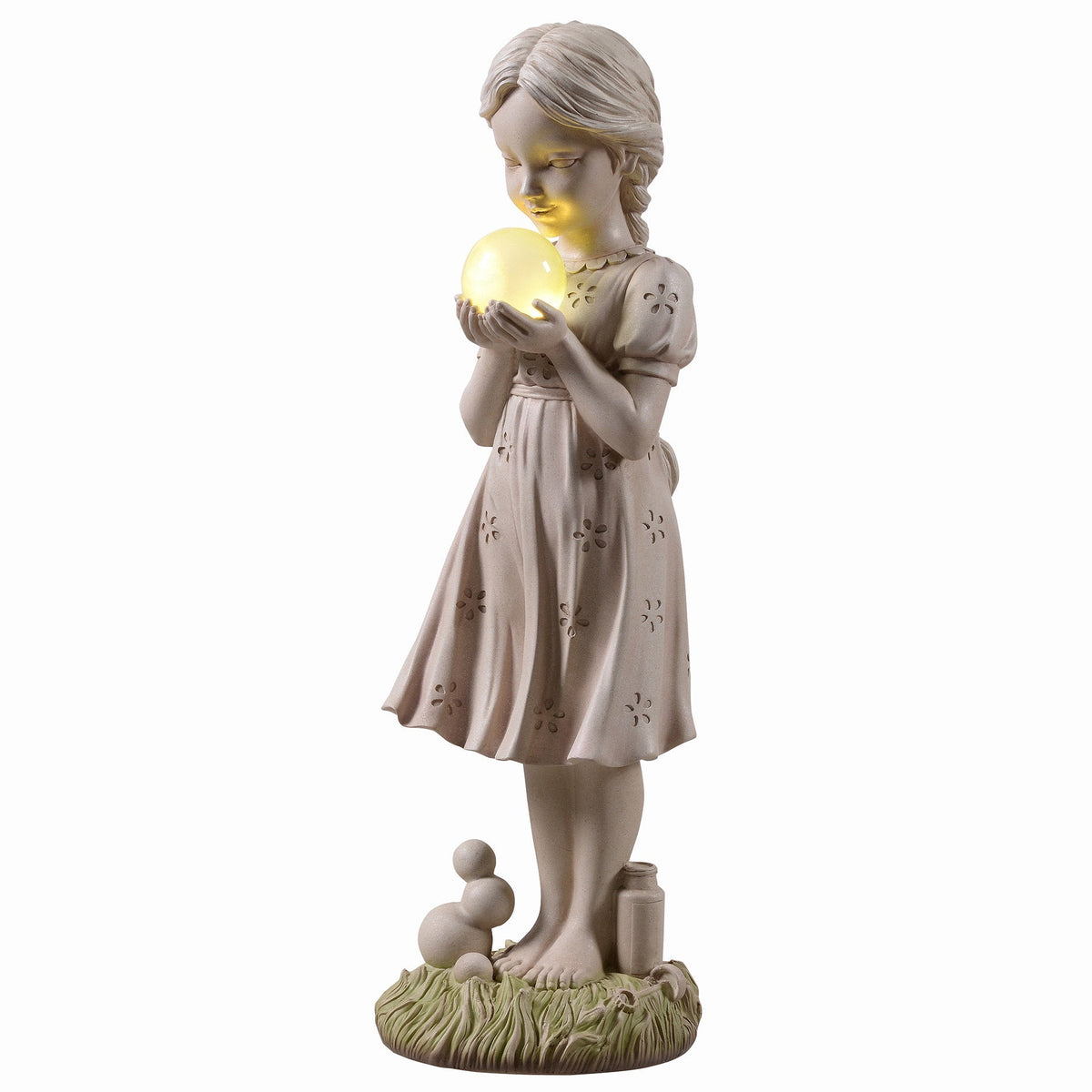Girl Holding Bubble Lighted Garden Statue Solar Powered LEDs