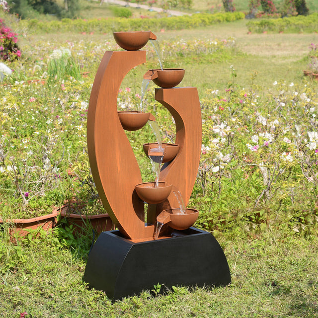 Outdoor Metal Cups Fountain with Rusty Top and Black Basin Y3