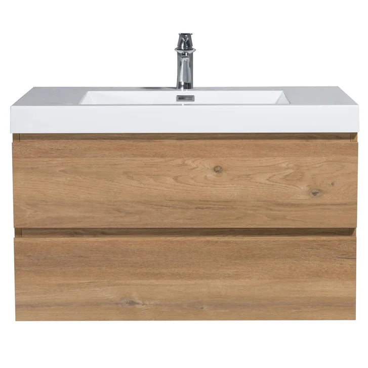 SERA CAPRI Textured Oak Finish Wall-Hung Vanity with Glossy White Polymarble Countertop