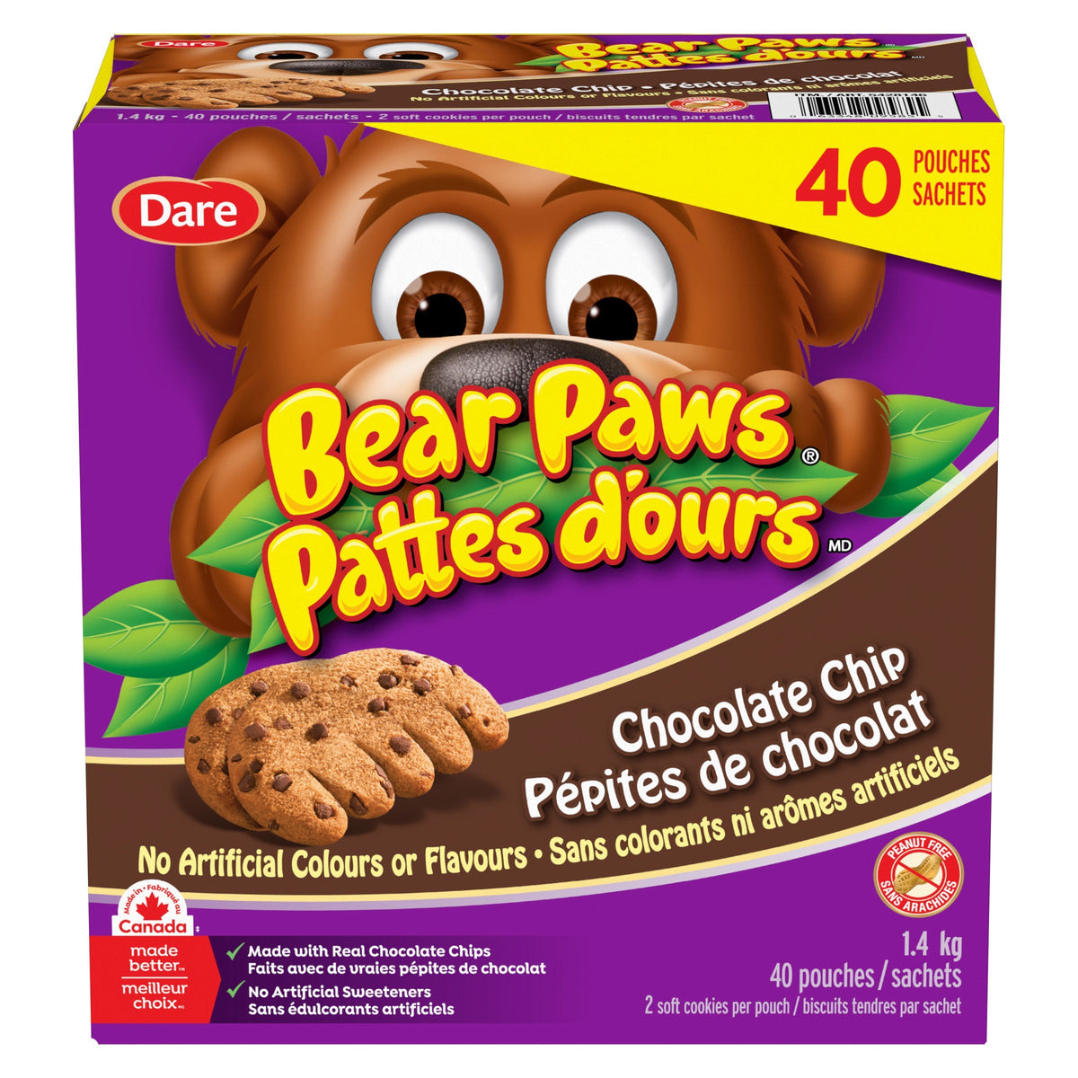 Dare Bear Paws Chocolate Chip Cookies, 40 Pouches