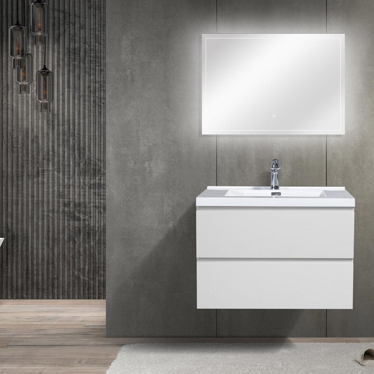 SERA CAPRI Glossy White Wall-Hung Vanity with Glossy White Polymarble Countertop