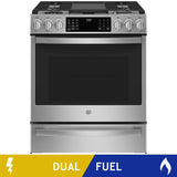 GE Profile 30 in. 5.7 cu.ft. Stainless Steel Slide In Dual Fuel Range with No Preheat Air Fry
