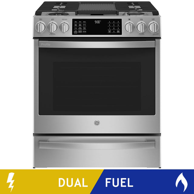 GE Profile 30 in. 5.7 cu.ft. Stainless Steel Slide In Dual Fuel Range with No Preheat Air Fry G0