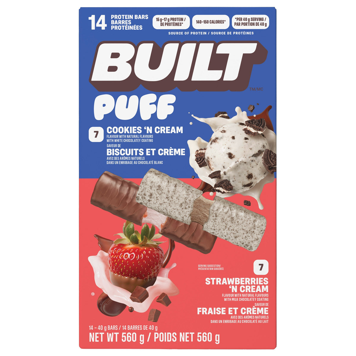 Built Puff Protein Bars, Cookies 'N Cream and Strawberries 'N Cream, 14 × 40 g