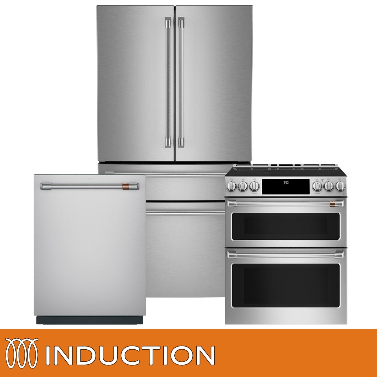 Cafe Kitchen Suite with Stainless Steel 36 in. 23.2 cu ft. Counter Depth French-Door Refrigerator, 30 in. 7.0 cu ft. Electric Double Oven Range and 24 in. Dishwasher