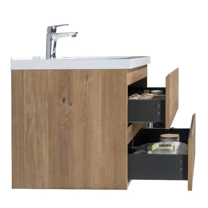 SERA CAPRI Textured Oak Finish Wall-Hung Vanity with Glossy White Polymarble Countertop