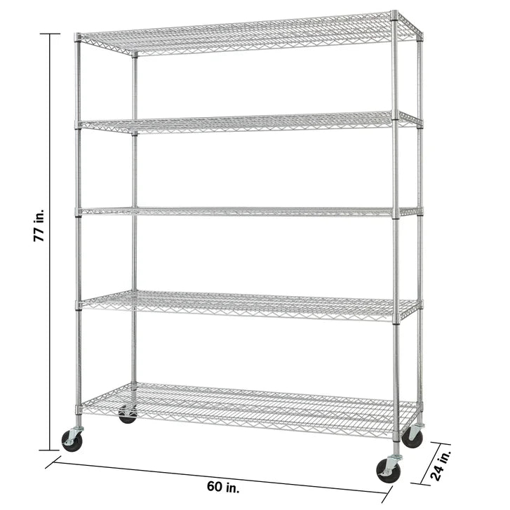 TRINITY 5-Tier Chrome Wire Shelving Rack With Wheels, 60" x 24" x 72"