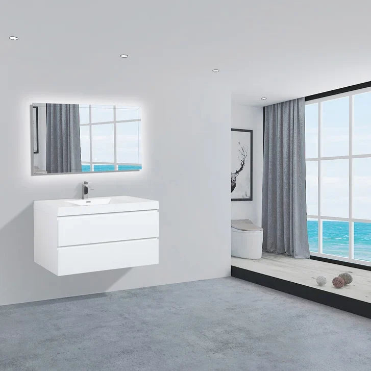 SERA CAPRI Glossy White Wall-Hung Vanity with Glossy White Polymarble Countertop