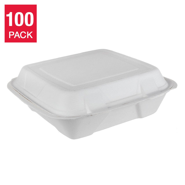 iEco 9” x 9” Hinged Bagasse Containers, 100-pack K8