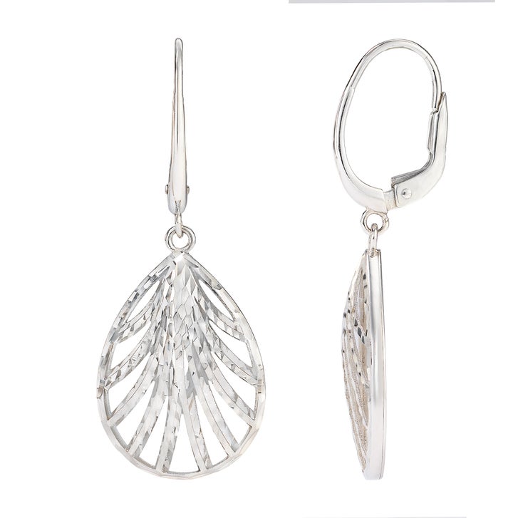 Diamond Cut Leaf Design Dangle Earrings in White Gold