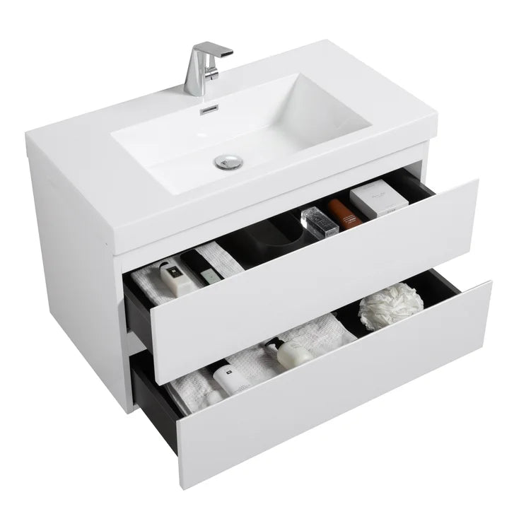 SERA CAPRI Glossy White Wall-Hung Vanity with Glossy White Polymarble Countertop