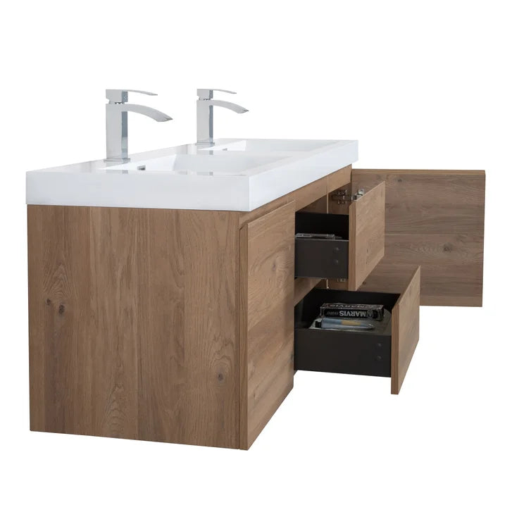 SERA CAPRI Textured Oak Finish Wall-Hung Vanity with Glossy White Polymarble Countertop