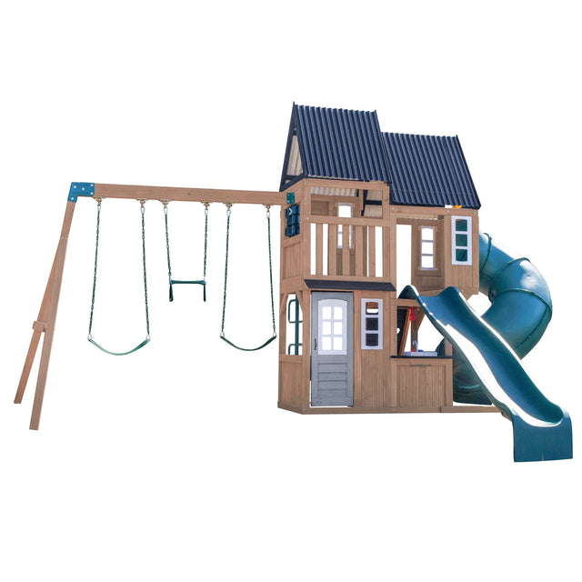 KidKraft Acadia Manor Wooden Outdoor Swing Set with Two Slides S5