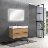 SERA CAPRI Textured Oak Finish Wall-Hung Vanity with Glossy White Polymarble Countertop