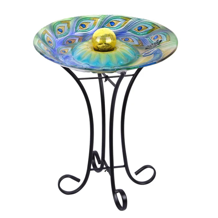 Solar ORB Peacock Glass Bird Bath with Stand