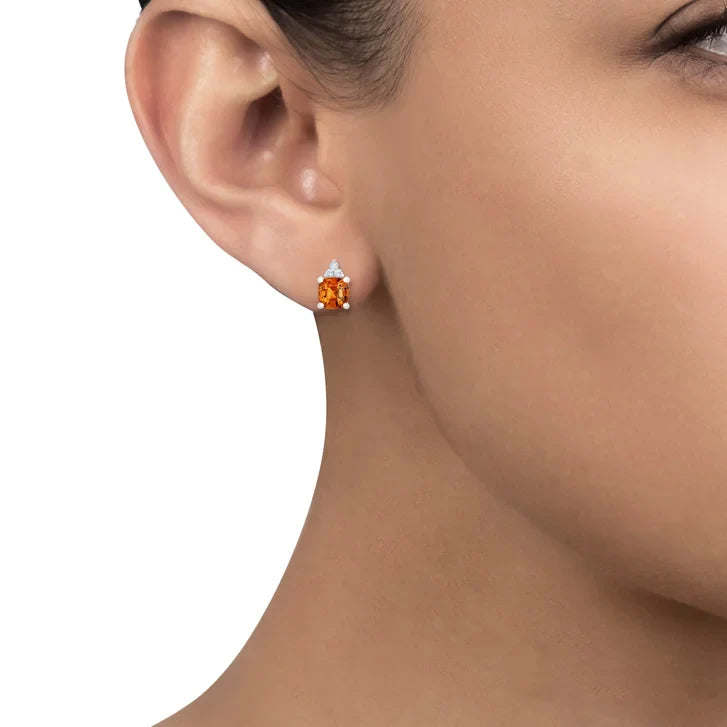 Cushion Cut Citrine and Diamond Stud Earrings (0.05 ctw)