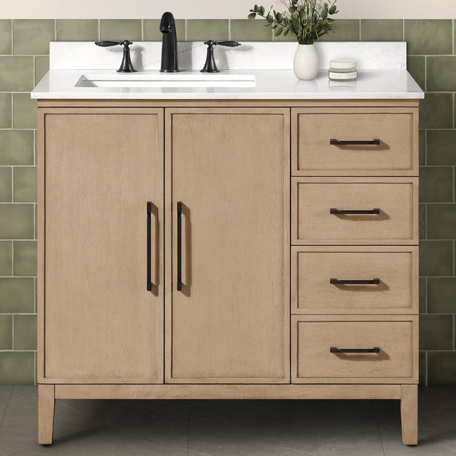 OVE Decors Codey Vanity in Sahara Birch Finish with Calacatta Quartz Countertop L9