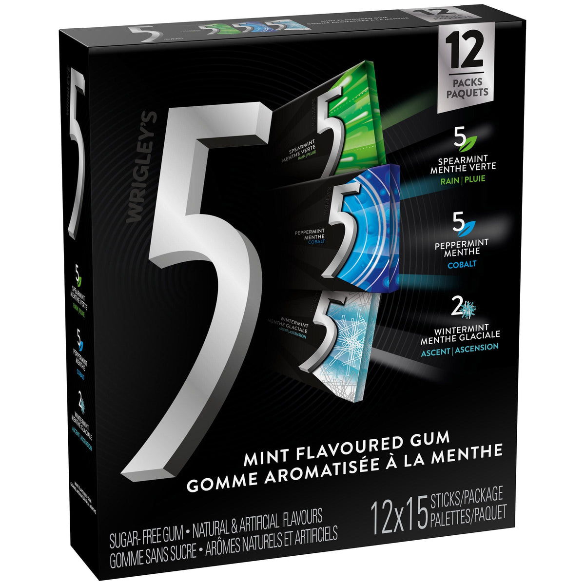 Wrigley's 5 Mint Gum, Variety Pack, 12 × 15 sticks