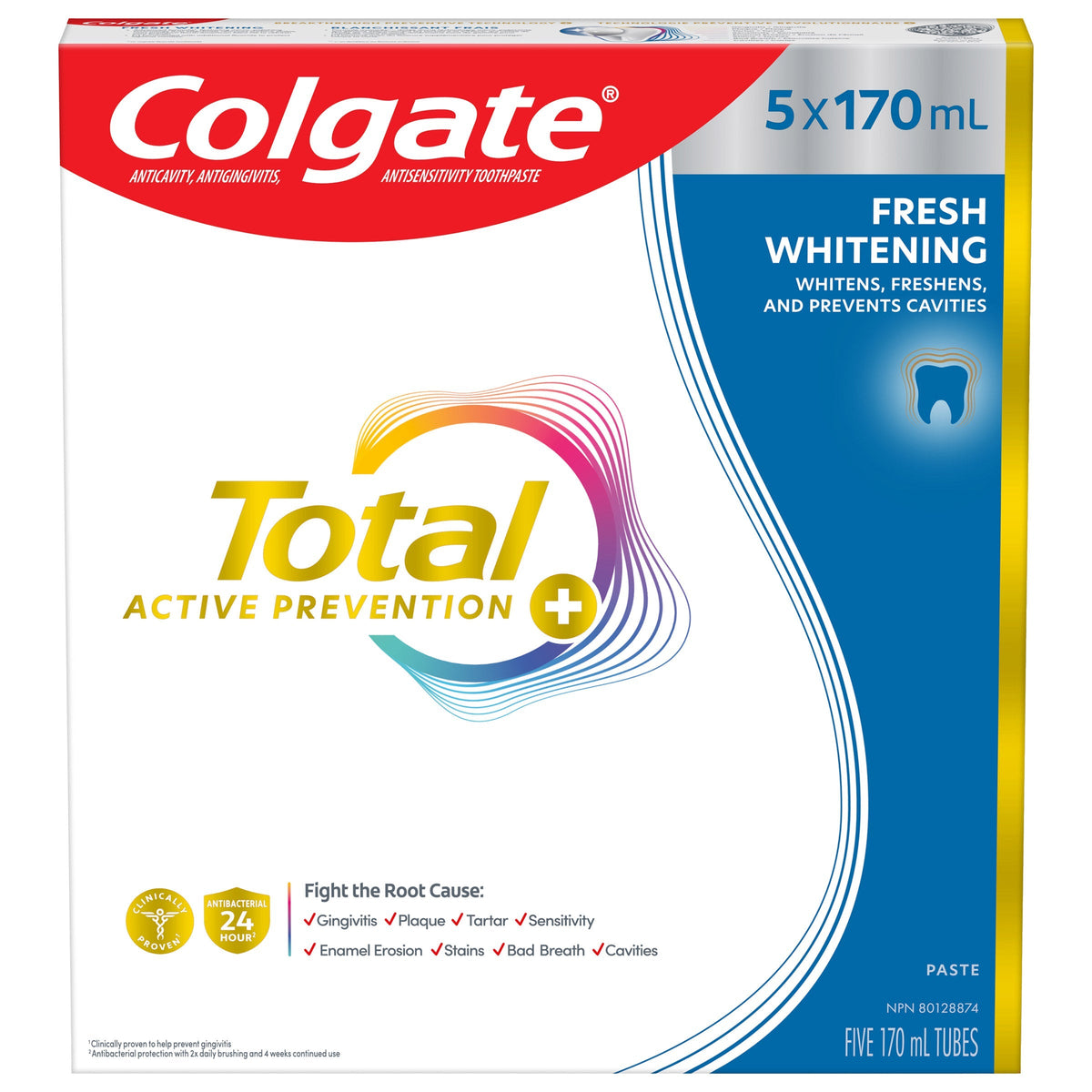 Colgate Active Prevention Plus Fresh Whitening Toothpaste, 5 X 170 mL
