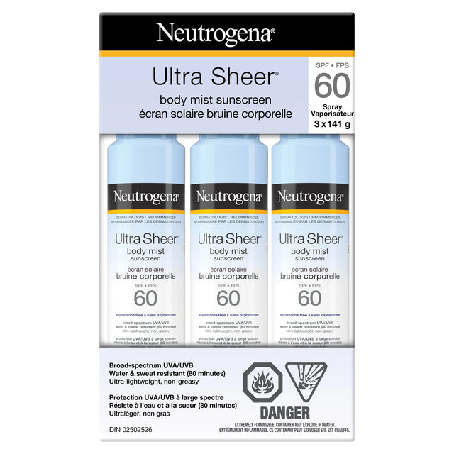 Neutrogena Ultra Sheer Body Mist Sunscreen SPF 60, 3 x 141 g G5