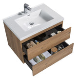 SERA CAPRI Textured Oak Finish Wall-Hung Vanity with Glossy White Polymarble Countertop