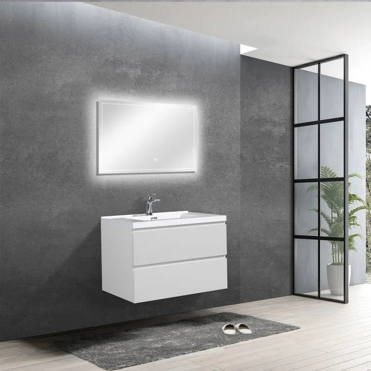 SERA CAPRI Glossy White Wall-Hung Vanity with Glossy White Polymarble Countertop