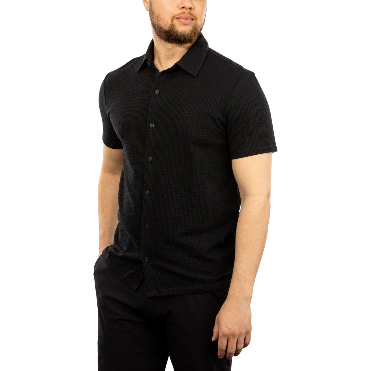 Calvin Klein Men's Seersucker Button-down Short Sleeve Shirt