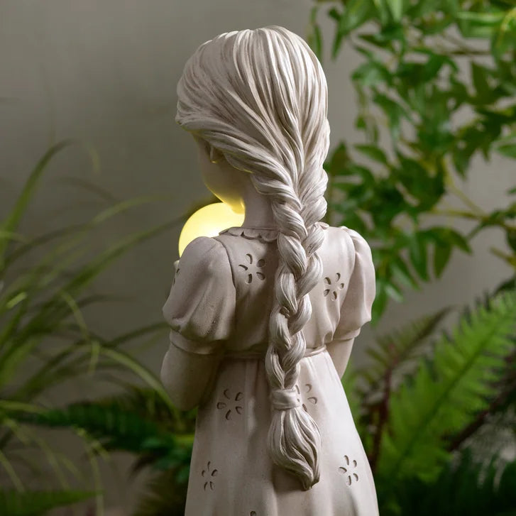 Girl Holding Bubble Lighted Garden Statue Solar Powered LEDs